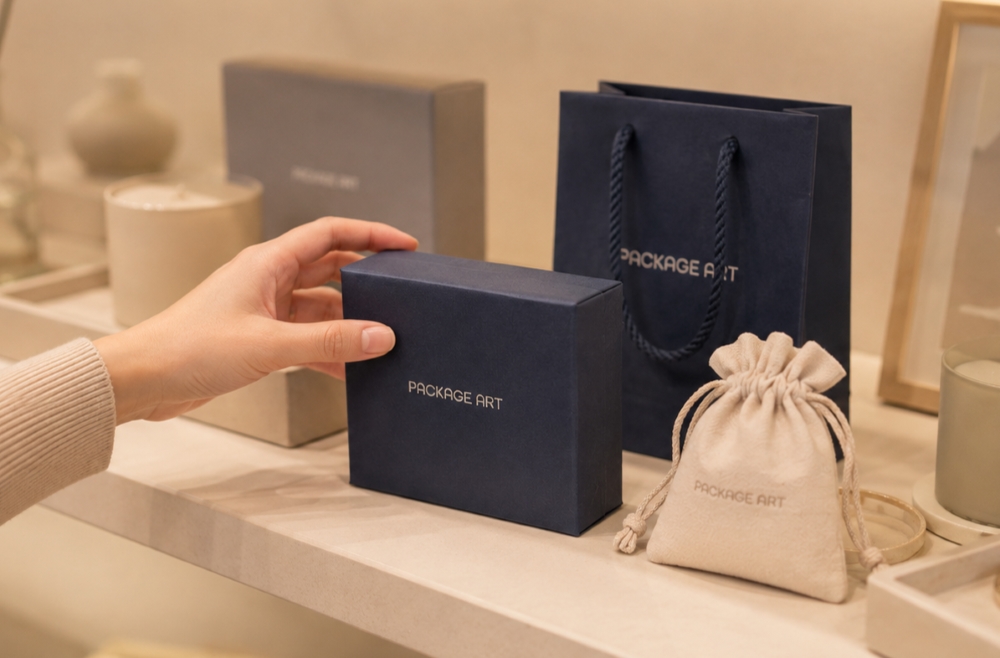 同じ規格箱へPACKAGE ARTの印刷を加える工程を並べたイメージ