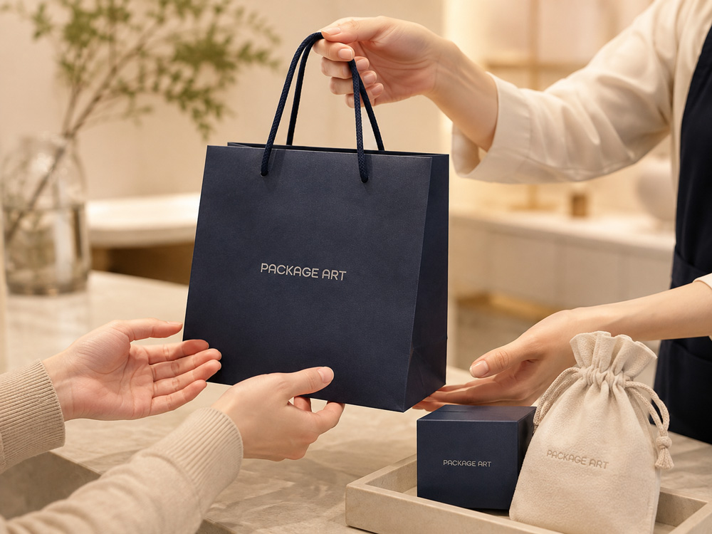 紙袋・ギフト箱・ポーチにPACKAGE ARTを名入れし、ブランドの統一感を表現したイメージ