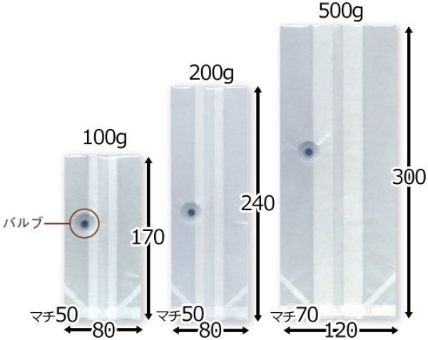画像2: 送料無料・袋(コーヒー用)透明ガゼット袋 バルブ有/無 100g~500g 80×50×170mmほか 全16種「100枚~1,000枚」 (2)