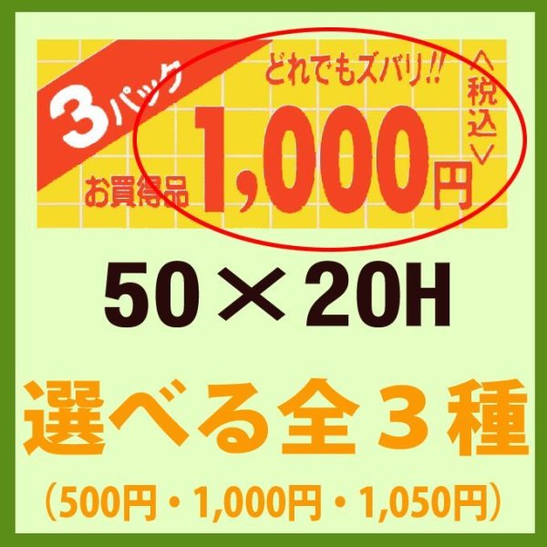 画像1: 送料無料・販促シール「お買い得品 3パック どれでもズバリ!!＿＿円」50x20mm「1冊1,000枚」全2種 (1)