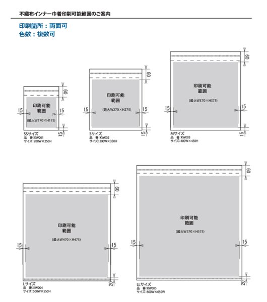 ロゴ印刷可能範囲 ※詳細は「⇒ 不織布袋ロゴ印刷についてはこちら」をご覧ください。