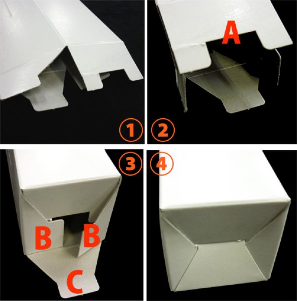 <底の組み立て方>初めに「A」の部分を折り、次に「B」を折り 最後に「C」を中に押し込んでいただくと、簡単に組み立てられます。
